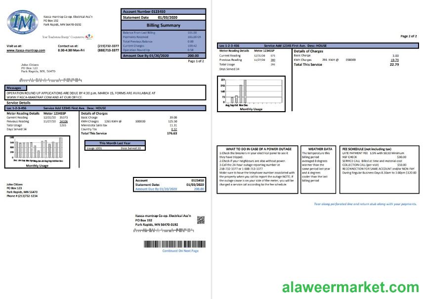 USA Minnesota Itasca-Mantrap electricity utility bill template in Word and PDF format (2 pages)